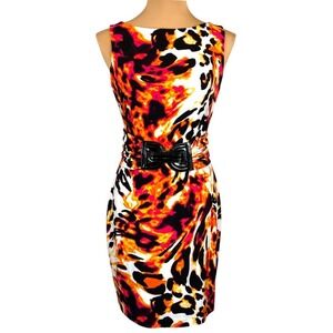 Cache Neon Animal Print Belted Sheath‎ Bodycon Dress Size 8